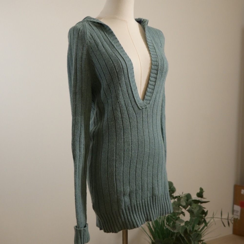 American Eagle Sage Green Ribbed Hooded Tunic Sweater Deep V-Neck Medium